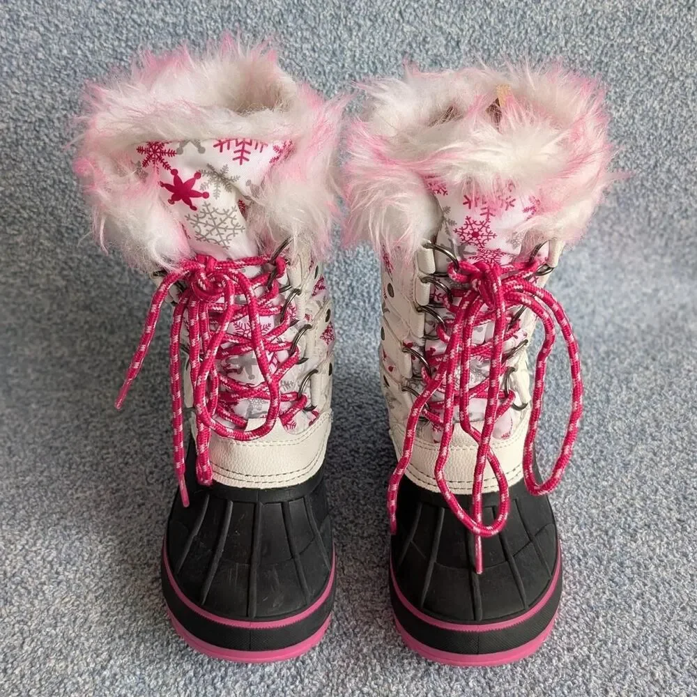 Dream Pairs Girls Size 11 White Fuschia Water Resistant Mid Calf Snow Boots